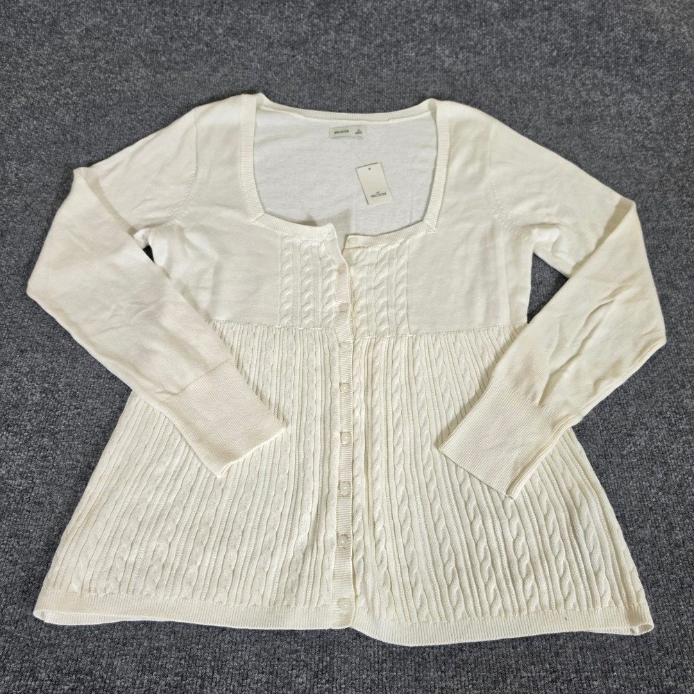 NWT Hollister White Cable Knit Empire Waist Cardigan Sweater XL Square Neck